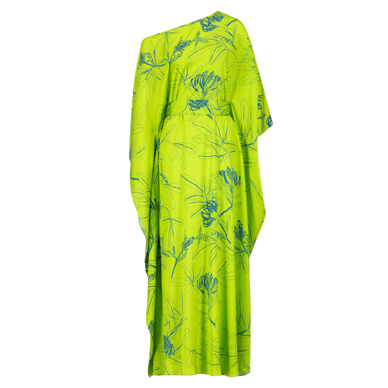 SS23 L-K009 Pure Silk Off Shoulder Kaftan With Semi Concealed Belt Lime A