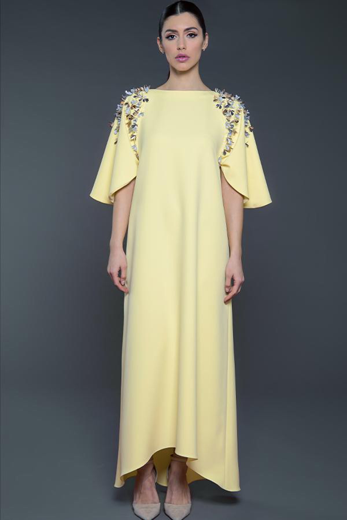 SS18 L-K001 Kaftan with embellished petal sleeves and high-low hemline Daffodil Yellow (1)