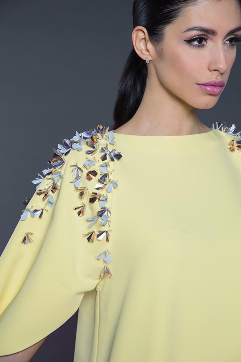 SS18 L-K001 Kaftan with embellished petal sleeves and high-low hemline Daffodil Yellow (2)