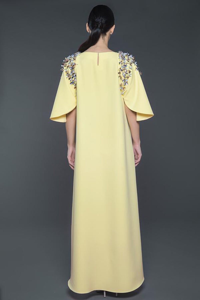 SS18 L-K001 Kaftan with embellished petal sleeves and high-low hemline Daffodil Yellow (3)