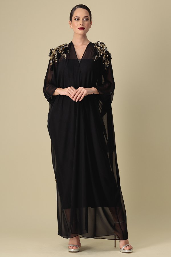 Evening chiffon abaya with 3D embroidery on shoulders