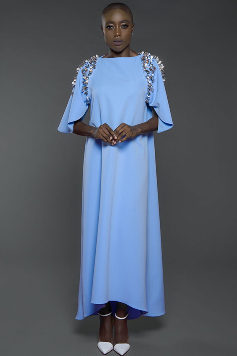 SS18 L-K010 Kaftan with embellished petal sleeves and high-low hemline Serenity Blue (1)