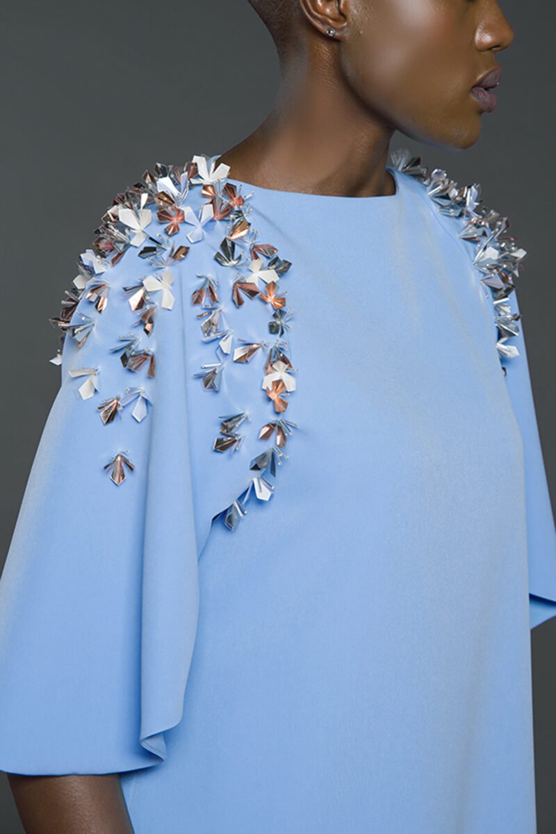 SS18 L-K010 Kaftan with embellished petal sleeves and high-low hemline Serenity Blue (2)