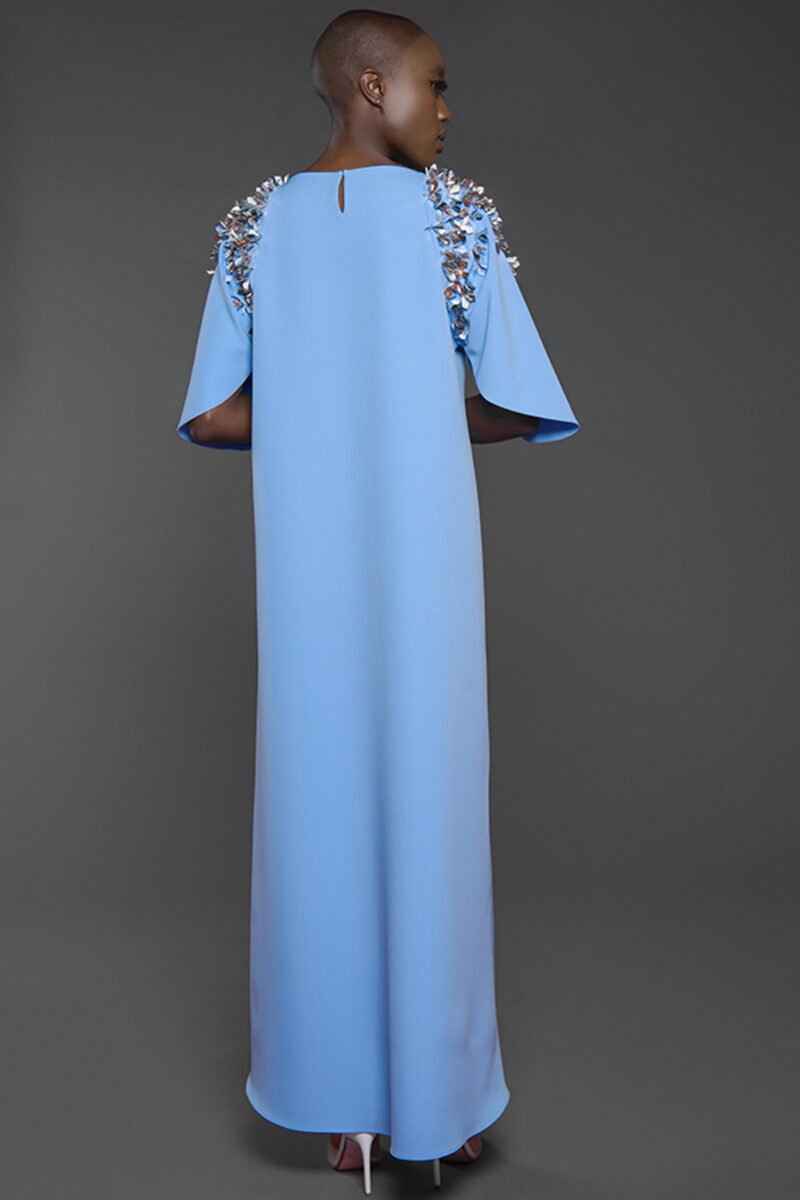 SS18 L-K010 Kaftan with embellished petal sleeves and high-low hemline Serenity Blue (3)